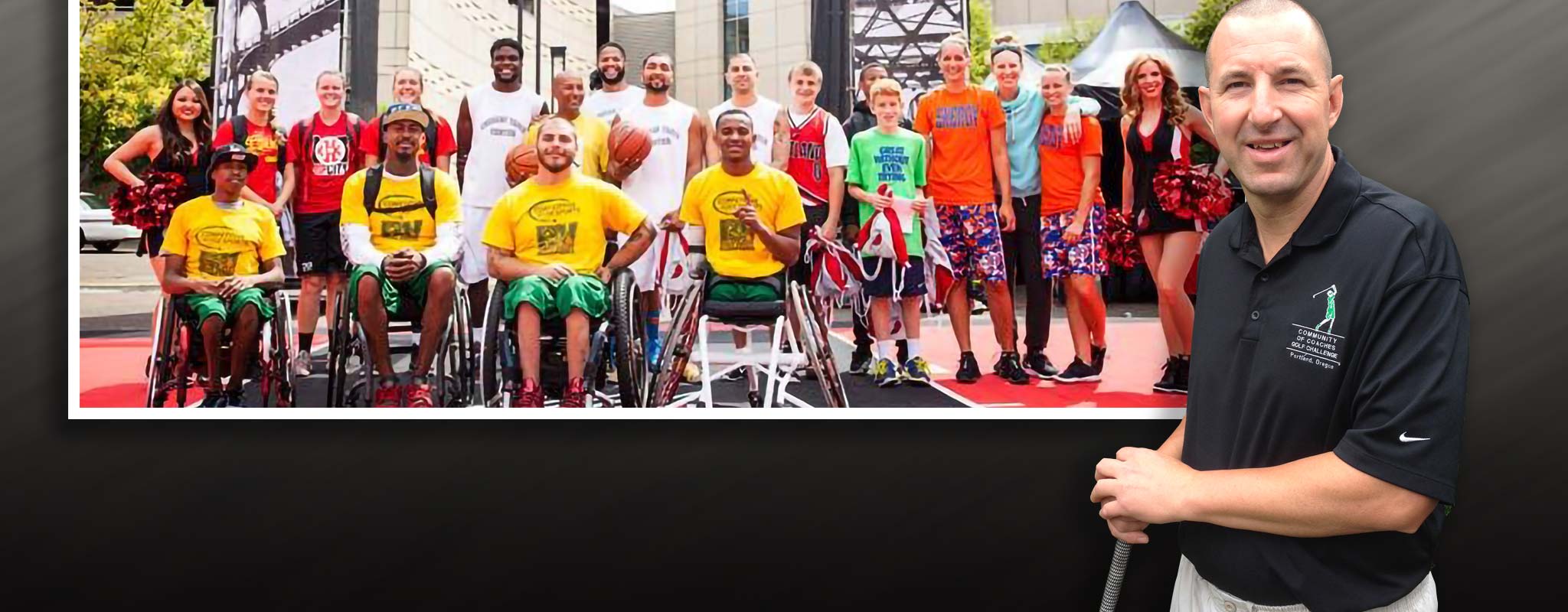 Mark Eberhard and Special Olympics competitors lined up for a photo.