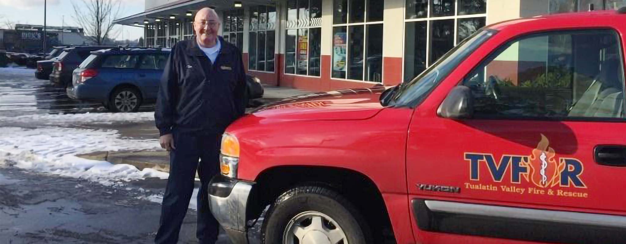 A Tualatin Valley Fire & Rescue truck at a Les Schwab Tire Center.