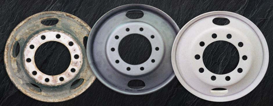 Commercial truck wheels; damaged, sandblasted and freshly powder coated 