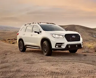 White CUV on a remote dirt road.