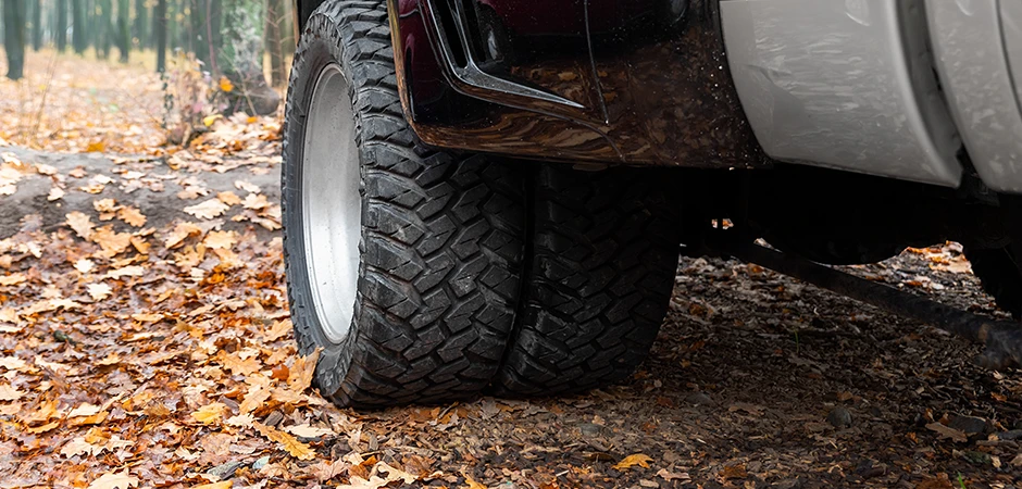 Close-up of dually tires on a truck