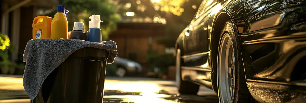 Bucket of cleaning supplies next to a car