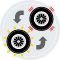 An illustration of a damaged tire being swapped out for a new tire.