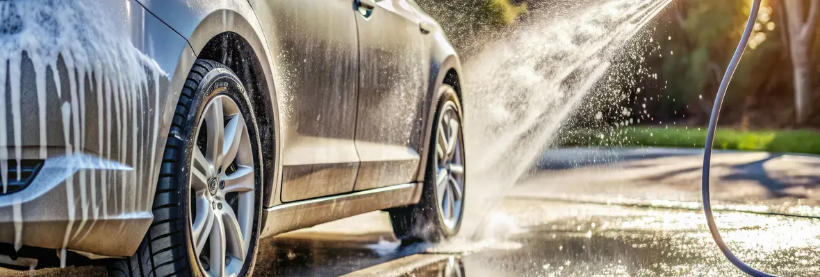 Spraying the soap off a tire