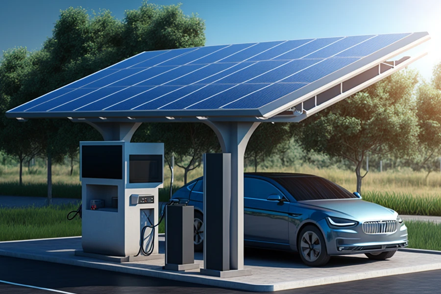 Plugging in EV at a shaded charging station